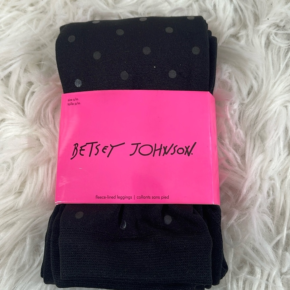 Betsy Johnson Fleece-Lined Polka Dots Warm Leggings Stretch Black S/M NEW